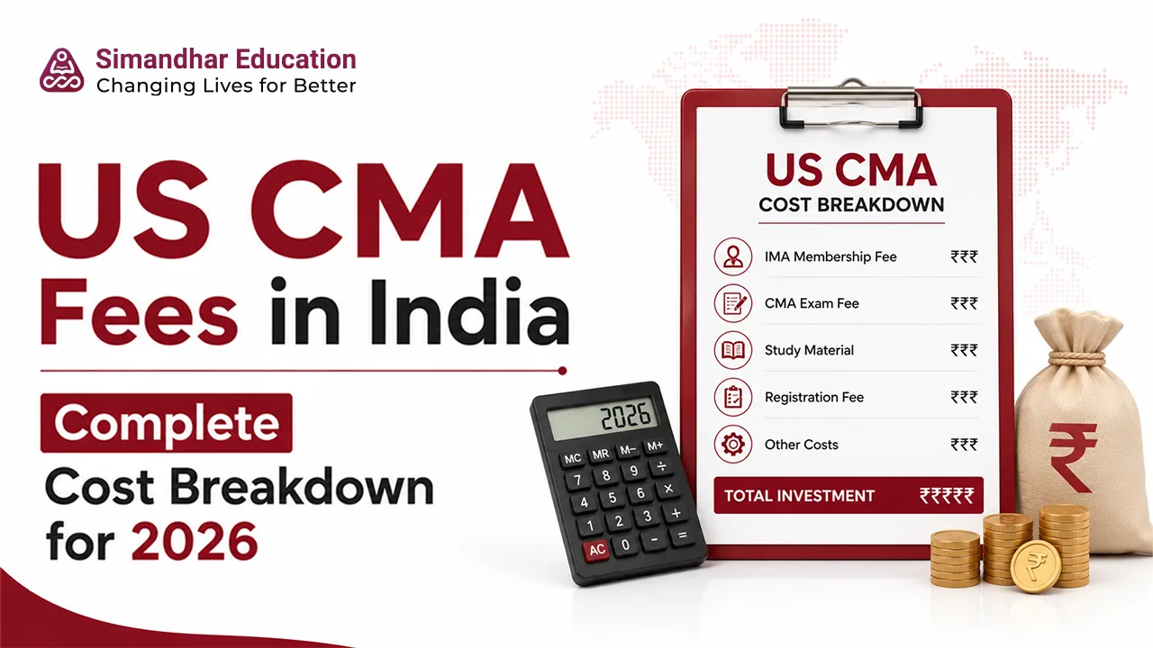 Infographic showing the US CMA fees in India for 2026, including IMA membership fees, exam fees, coaching costs, and the total cost for students and professionals.