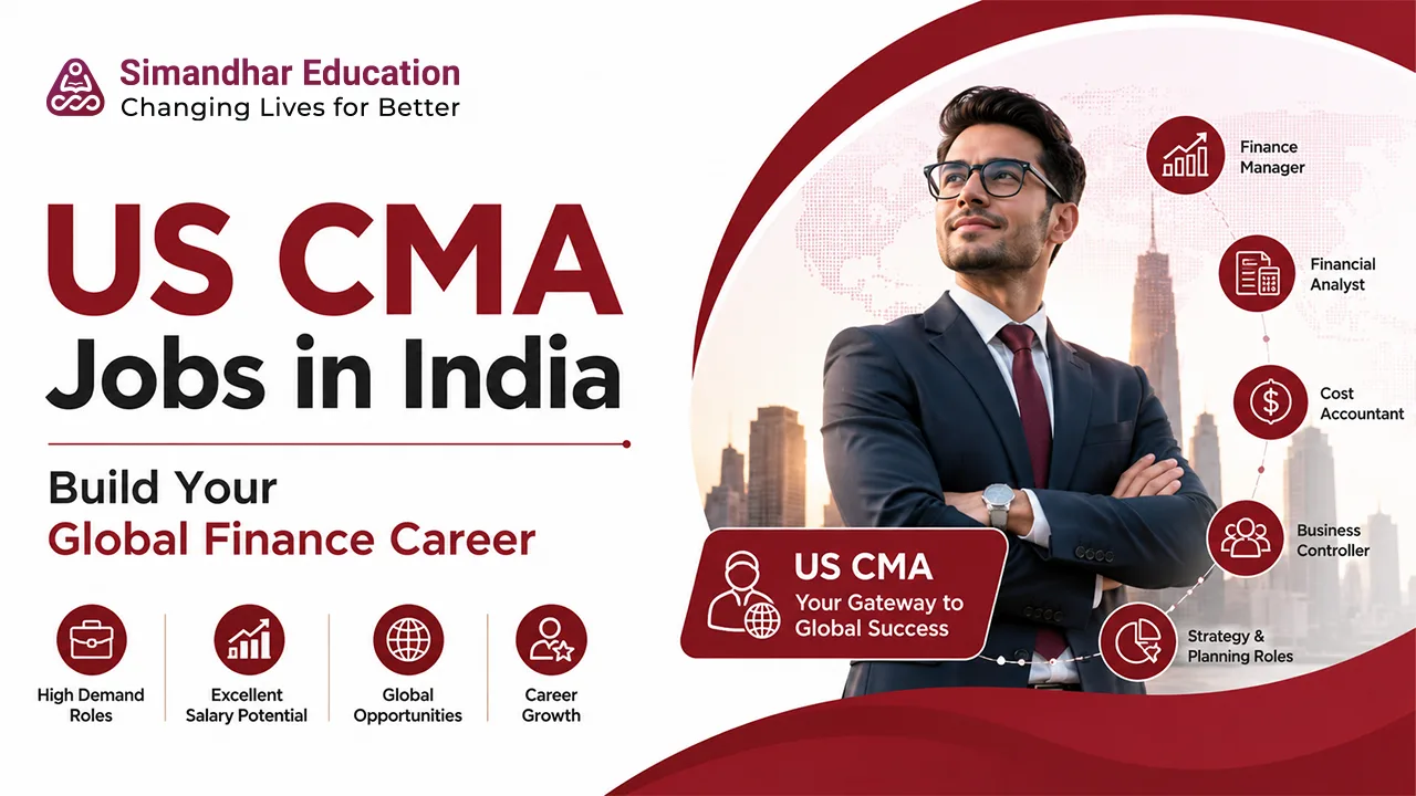 Infographic showing career opportunities after US CMA in India, including finance job roles, salary growth, top recruiters, and career progression.