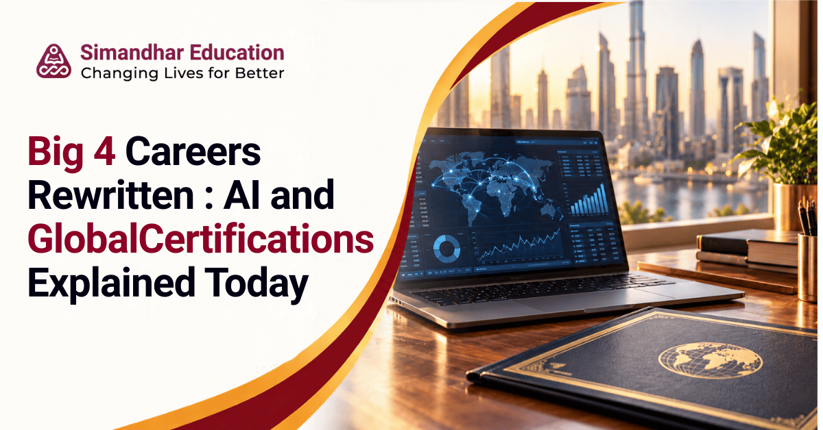 Commerce students exploring Big 4 careers, AI skills, global finance certifications, technology tools, and career opportunities through the Simandhar Education webinar.